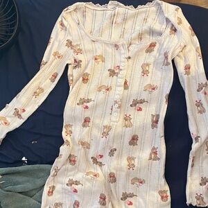 Pink Rose Cream Long Sleeve Button Romper with Brown and Pink Puppy Print